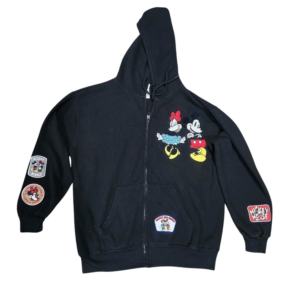Disney Mickey Minnie Patch Hoodie Full Zip Sweatshirt Black Adult Large‎ L